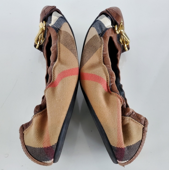 Burberry Brown Nova Check Fabric & Leather Buckle Detail Scrunch Ballet Flats 38 - Picture 11 of 13